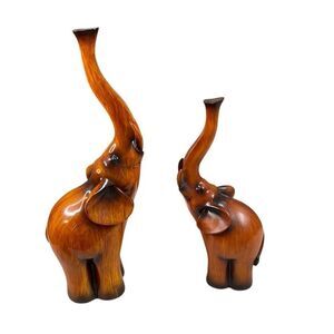 Hand Carved Painted Wood 2 Elephants Trunk Up Good Luck 15” H and 11 1/2” H